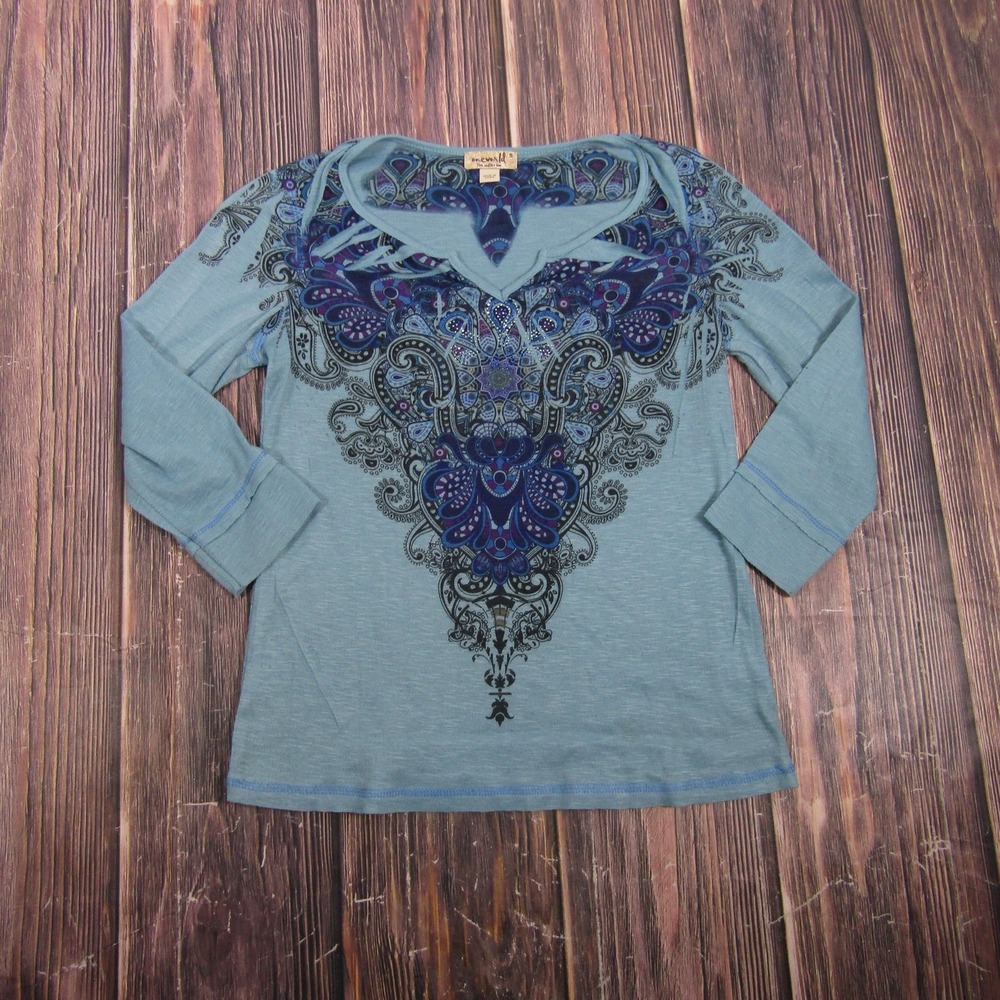 One World Womens‎ Small Blue Paisley V Neck 3/4 Sleeve Jersey Top Blouse Casual